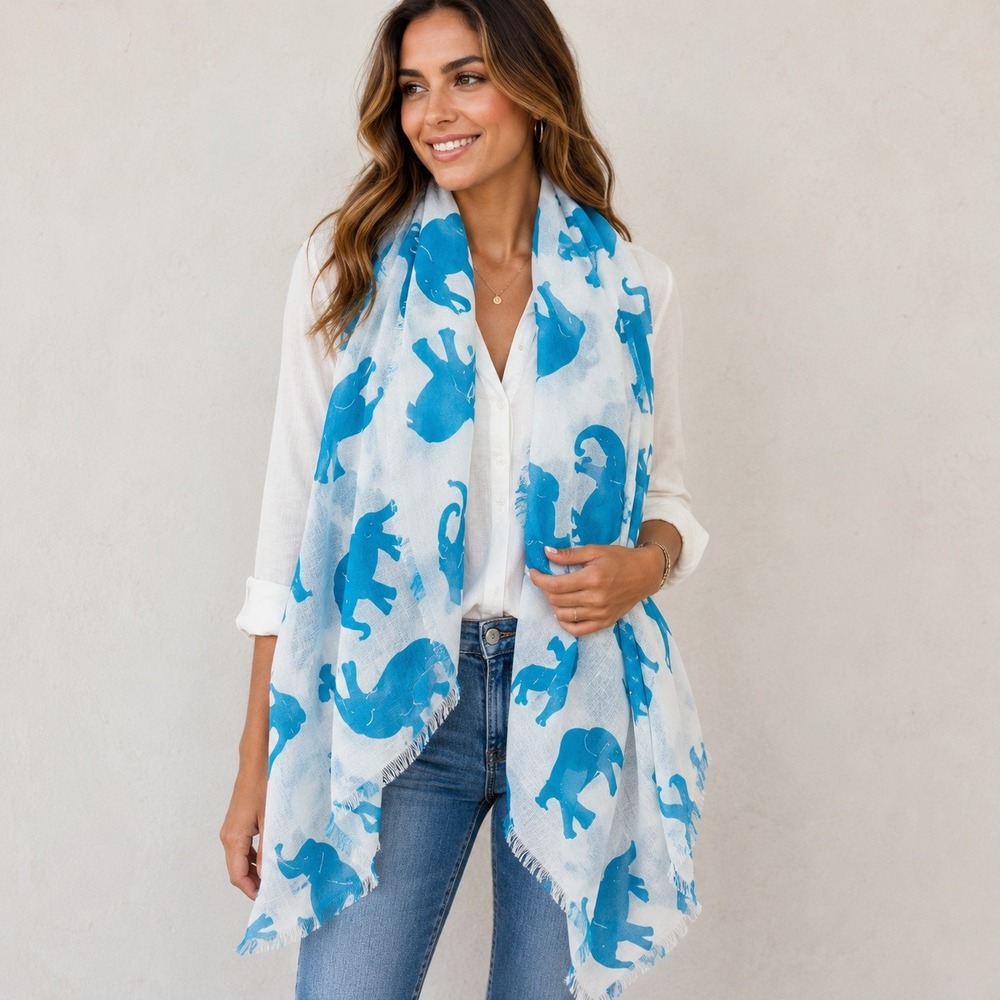 Cejon Womens Blue White Elephant Print Lightweight Fringed Scarf Wrap 80x36